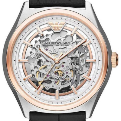 Emporio Armani Zeta Skeleton Automatic Silver Dial Black Leather Strap Watch For Men - AR60018